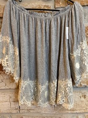 Taylor & Sage Gray Off-Shoulder Tunic with Cream Lace Accent